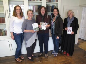 In the library at Jane Austen's house, with our books. Leslie Diamond, Susan Mason Milks, Abigail Reynolds, Maria Grace, Jane Odiwe