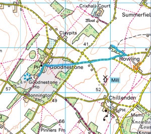 Map of walk - Goodnestone is on the left, Rowling on the right. The red dotted pathways are footpaths.