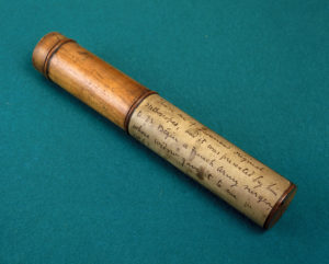 Made of wood and brass, this is one of the original stethoscopes belonging to the French physician Rene Theophile Laennec (1781-1826). It consists of a single hollow tube. 