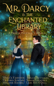 Mr Darcy's Enchanted Library cover with a bookshelf and a forest