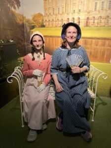 My daughter and I tried on Regency clothes at the Jane Austen Centre